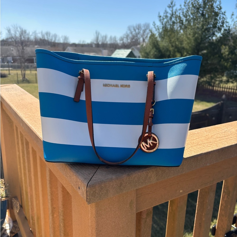 Michael Kors Jetset Blue and White Striped Tote